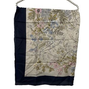 Scarf Womens silk 33x33 Navy Ivory Pastel Floral Square Border Lightweight Print